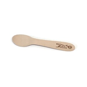 May include: A light brown wooden spoon with a rounded end. The spoon has the text "Bentwood Spoons" and a small flower design engraved on the handle.
