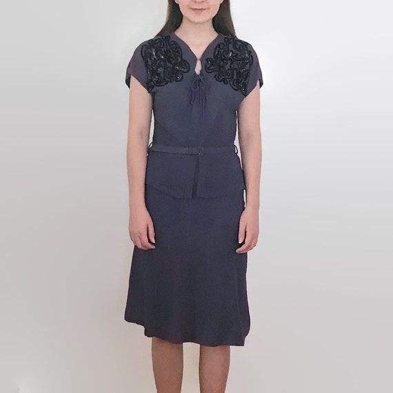 Vintage 1940s Dark Slate Blue Sequin Belted Dress - image 2