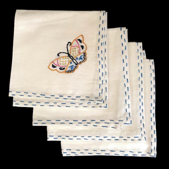 Vintage Hand Embroidered Butterfly Napkins: Set of 4 Colorful Table Linens