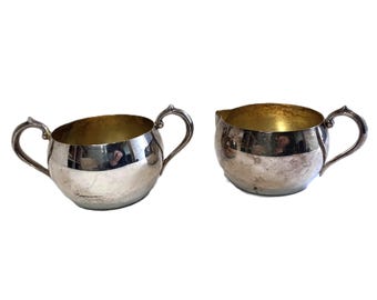 Vintage Wm. A Rogers Silverplate Cream and Sugar Set: Mid Century Modern Gold Interior