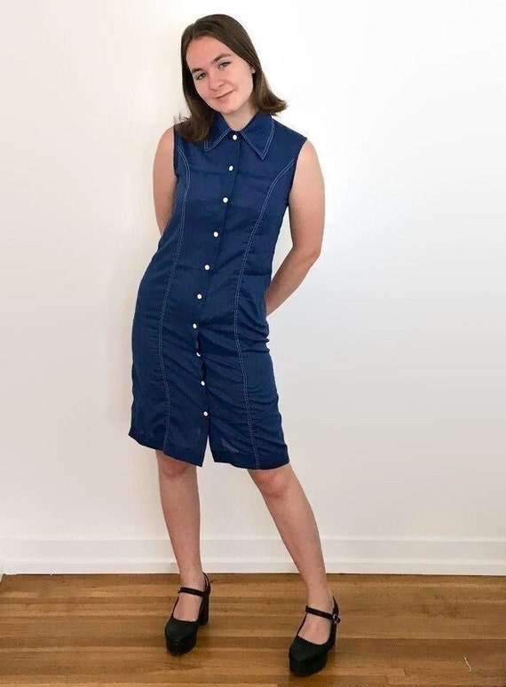 Vintage NPC Fashions Sleeveless Navy Shirtdress