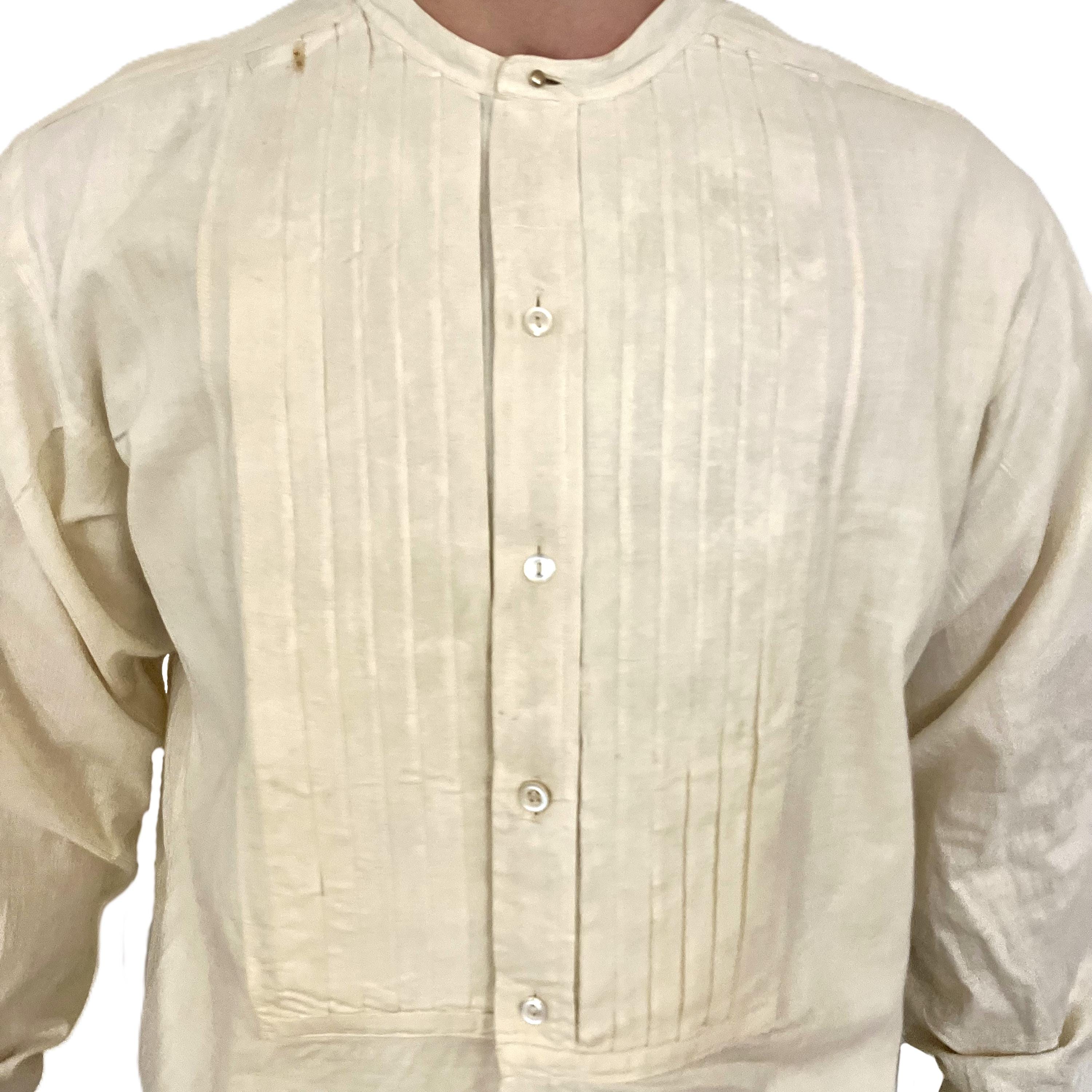 Antique Edwardian Men's Collarless Dress Shirt: Pleated Bib, Size 16 1/8