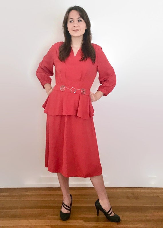 Vintage 1940s Punch Pink Peplum Dress