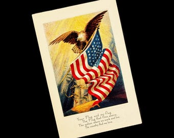 Antique American Flag Eagle Postcard | Patriotic White Border Ephemera