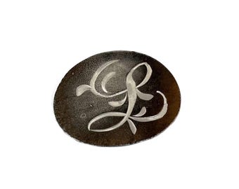 Antique Victorian Monogram L Brooch | Engraved Oval Pin, Dark Metal C Clasp