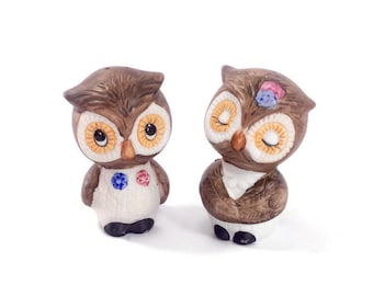 Vintage Korean Ceramic Owl Salt and Pepper Shakers: Floral Bisque Finish