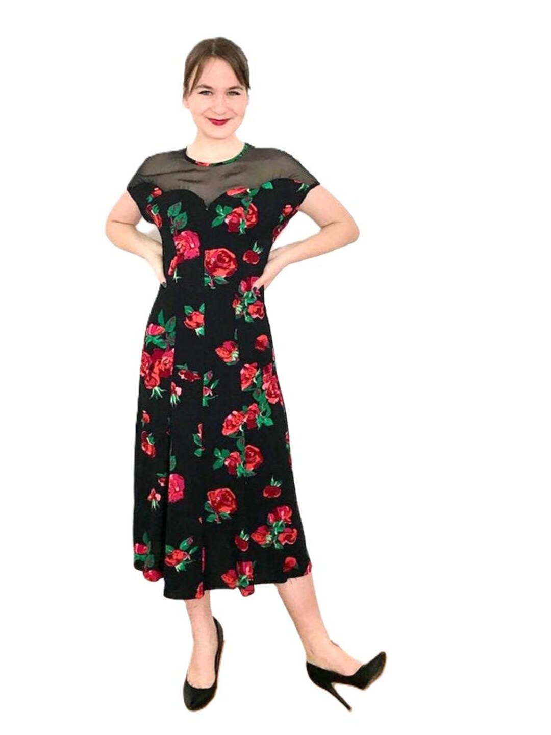 Vintage 90s Scarlett Rose Print Dress: Batwing Sleeve