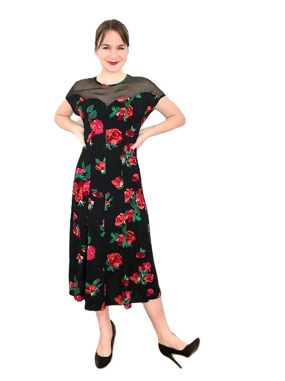 Vintage 1990s Scarlett Black and Red Roses Dress | Sweetheart  
