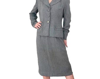 Vintage 1940s Pinstripe Wool Suit: Steel Gray Skirt & Blazer Set