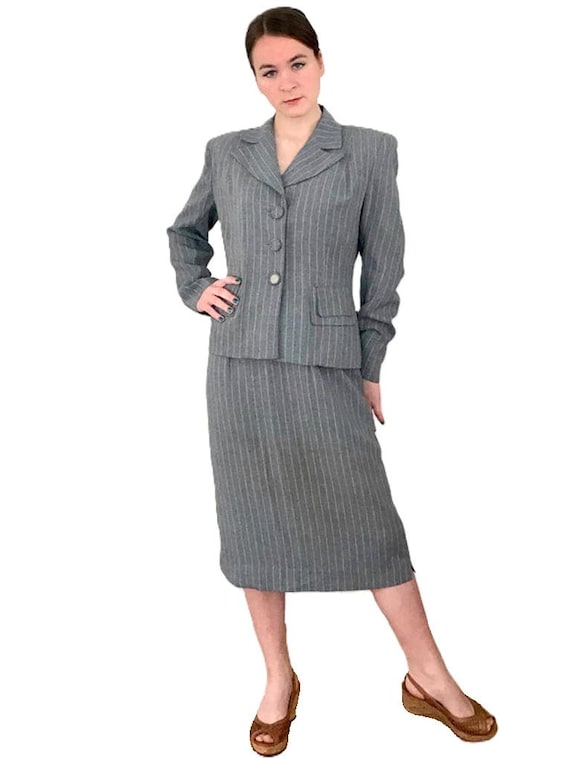 Vintage 1940s Pinstripe Wool Suit: Steel Gray Skirt & Blazer Set