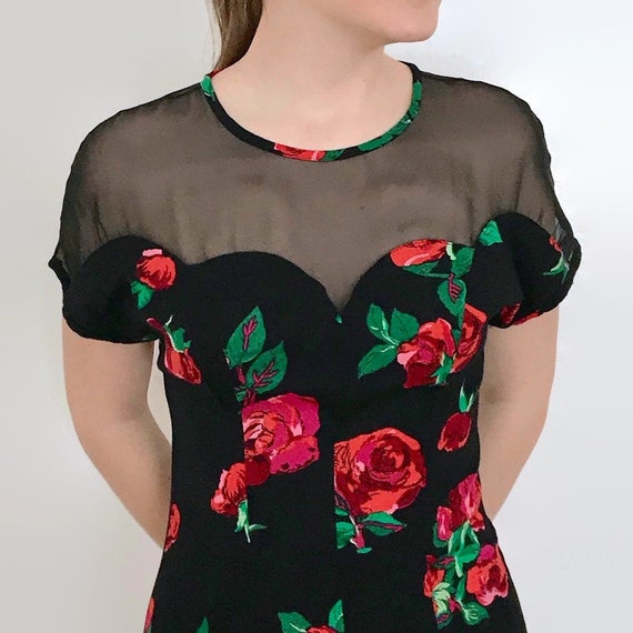 Vintage 1990s Scarlett Black and Red Roses Dress - image 3