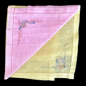 Vintage Pink and Yellow Embroidered Linen Handkerchief Set