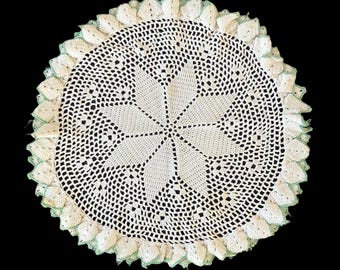 Vintage Hand Crocheted Floral Lace Doily | Green Trim | 17 Inch Round | Cottagecore Table Topper