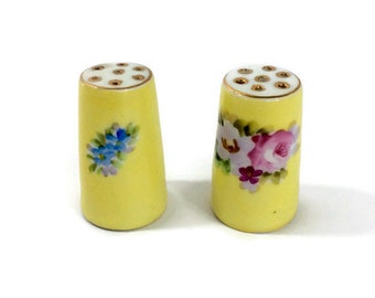 Vintage Japanese Salt Pepper Shakers: Hand-Painted Floral, Gold Trim