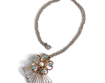 Vintage Gold Tone Floral Necklace | Blue Rhinestone and Pearl Pendant | 16 Inch Midcentury Style