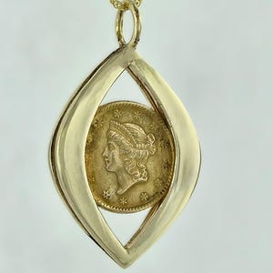 1853 21.6kt American Gold Coin in a 14kt yellow gold frame bezel perfect for pendant!