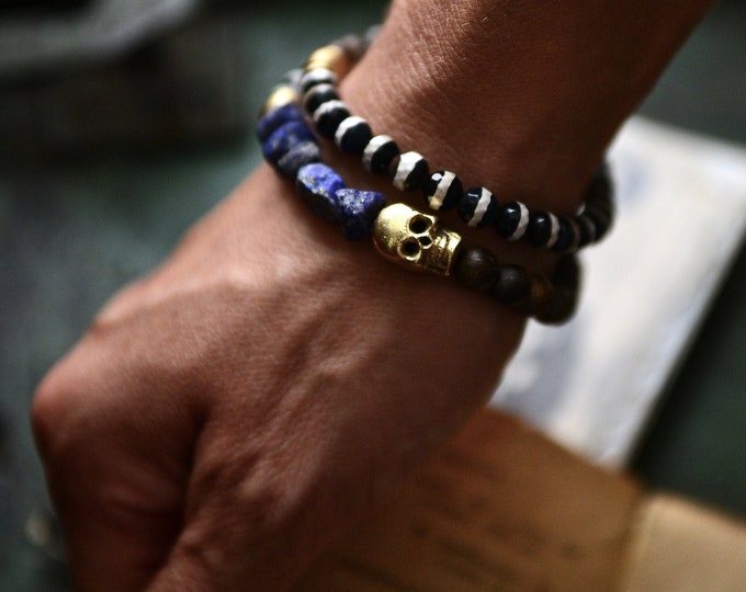 Mens Mala Bracelet, Skull Double Wrap Bracelet, Wrist Mala, Stacking