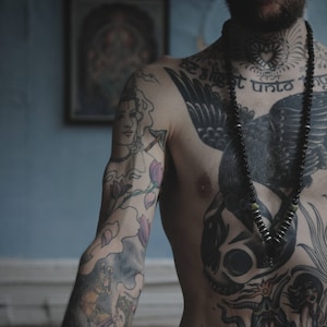 108 Bead Mens Mala Necklace: Black Onyx, Tourmaline, Arrowhead & African Wood Prayer Beads
