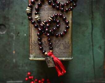 108 Mala Beads, Mens Yoga Necklace, Root Chakra, Buddhist Japa Mala, Garnet Buddhist Prayer Beads, Buddha Charm Mala