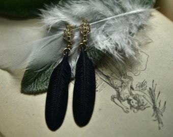 Black Feather/Leaf Earrings, Boho Dangle Earrings, Sparkly Long Drop Earrings