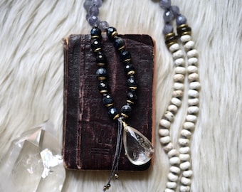108 Mala Beads, Third Eye/Throat Chakra Necklace, Buddhist, Shaman Necklace, Teardrop/Tree of Life Prayer Beads