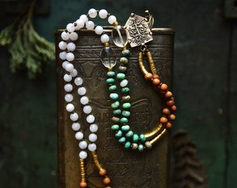 108 Mala Beads, Tree of Life Yoga Necklace, Sandalwood and Moonstone Japa Mala, Prayer Beads