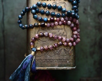108 Mala Beads, Sari Silk Tassel Necklace, Buddhist Japa Mala, Heart/Throat Chakra Prayer Beads