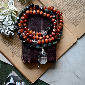 108 Mala Beads, Heart/Sacral Chakra Necklace, Prayer Beads, Carnelian and Phantom Quartz Teardrop Mala, Buddhist Japa Mala