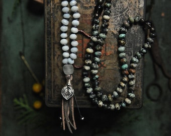 108 Mala Beads, Buddha Feet Prayer Beads, Throat and Third Eye Chakra Necklace, African Turquoise Tassel Necklace