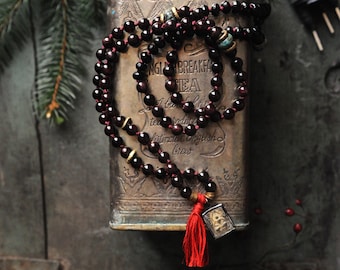 108 Mala Beads, Mens Yoga Necklace, Root Chakra, Buddhist Japa Mala, Garnet Buddhist Prayer Beads, Buddha Charm Mala