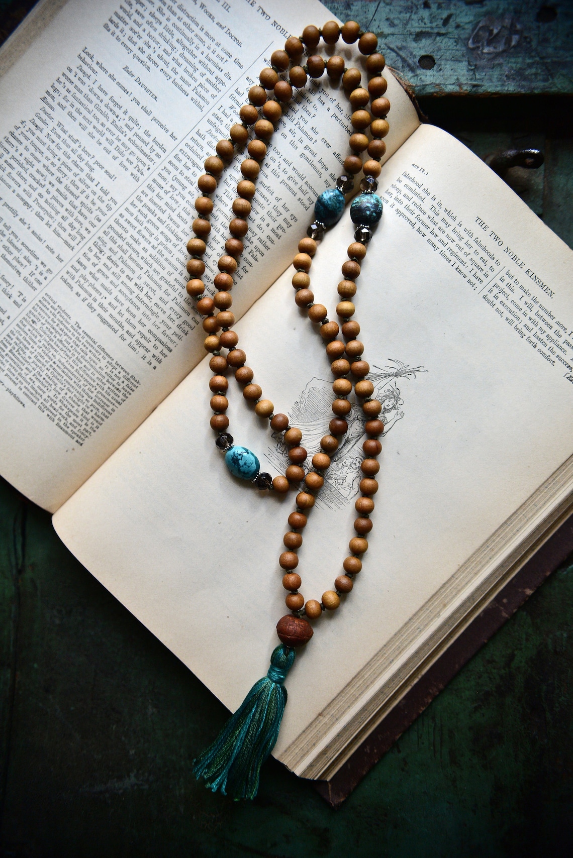 Japa Mala, 108 Mala Beads, Mens Yoga Necklace, Sandalwood, Turquoise and Bodhi, Knotted Buddhist Prayer Beads, Tassel Necklace image 2