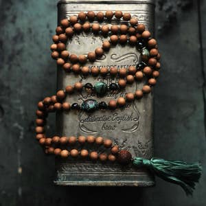 Japa Mala, 108 Mala Beads, Mens Yoga Necklace, Sandalwood, Turquoise and Bodhi, Knotted Buddhist Prayer Beads, Tassel Necklace