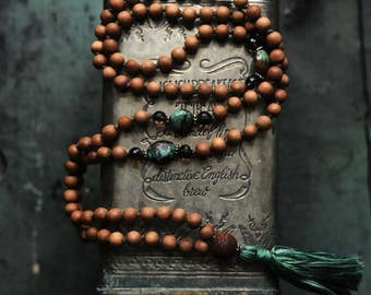 Japa Mala, 108 Mala Beads, Mens Yoga Necklace, Sandalwood, Turquoise and Bodhi, Knotted Buddhist Prayer Beads, Tassel Necklace