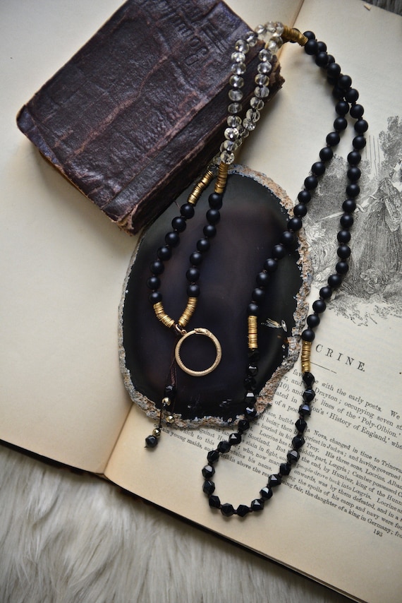 108 Bead Ouroboros/Snake Mala Necklace: Onyx and Citrine Prayer Beads, Talisman Jewelry