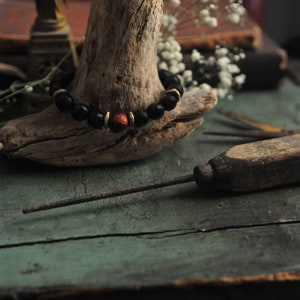 Skull Bracelet, Mens Wrist Mala, Stacking Bracelet, Black Onyx and Tiger Eye, Root Chakra, Witchy, Shaman Jewelry image 9