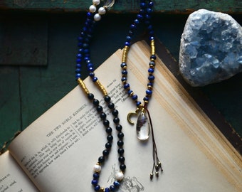 108 Mala Beads, Lapis Lazuli, Pearl, Phantom Quartz and Moon Necklace, Prayer Beads