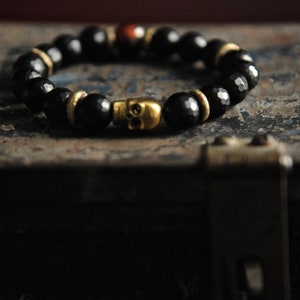 Skull Bracelet, Mens Wrist Mala, Stacking Bracelet, Black Onyx and Tiger Eye, Root Chakra, Witchy, Shaman Jewelry image 4