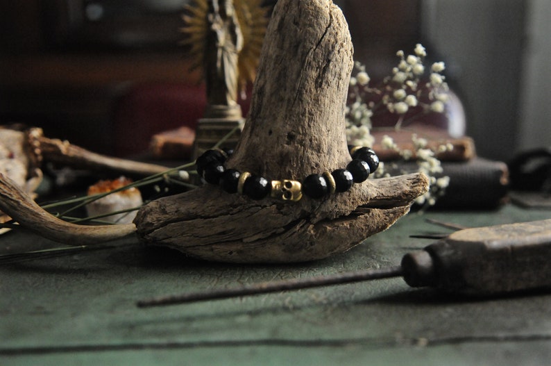 Skull Bracelet, Mens Wrist Mala, Stacking Bracelet, Black Onyx and Tiger Eye, Root Chakra, Witchy, Shaman Jewelry image 6