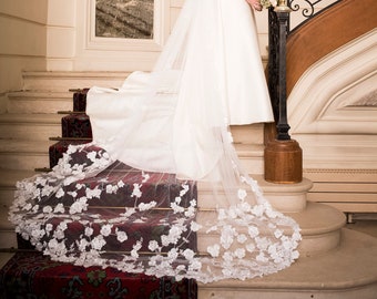 embroidered cathedral floral veil with 3D lace appliqués couture veils