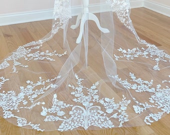 Floral Wedding Veil | Drop Veil | One Tier Veil | Lace Veil Blossom Flowers | Blossom Flower Veil | White Veil | Cathedral Wedding Veil |