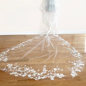 Floral Wedding Veil with Blusher | Blusher Veil | Lace Veil Blossom Flowers | Chapel Veil | White Veil | Cathedral Wedding Veil |