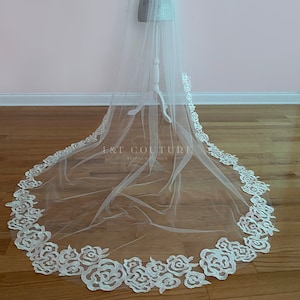 rose lace cathedral floral veil large appliqués cathedral floral veil embroidered lace veil floral 3D wedding veil floral veil