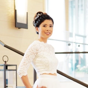 bridal wedding crop top long sleeve bridal top engagement lace top bridal long sleeve top white top fitted lace top wedding dress topper
