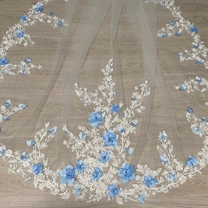 cape veil with blue flowers soft veil cape with blue lace dusty blue lace veil