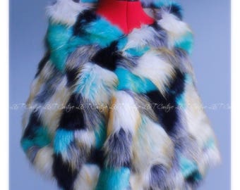 Multy Color Faux Fur Stole | Teal Fur Shawl | Unique Faux Fur Shawl | Fur Wrap Shawl | Fur Wrap | Ivory Fur Bridal Wrap |