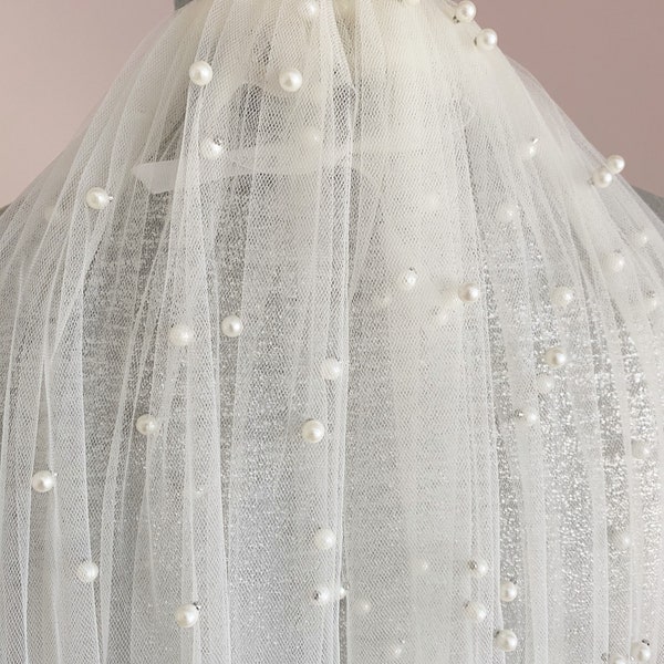 Scattered Pearls Soft Veil | Chapel Veil with Pearls | Cathedral Veil | Fingertip Veil | Bridal Veil with Pearls | One Tier Veil