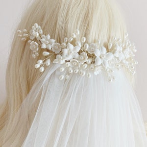 Porcelain Flower Bridal Comb: Silver Crystal Boho Wedding Hair Accessory