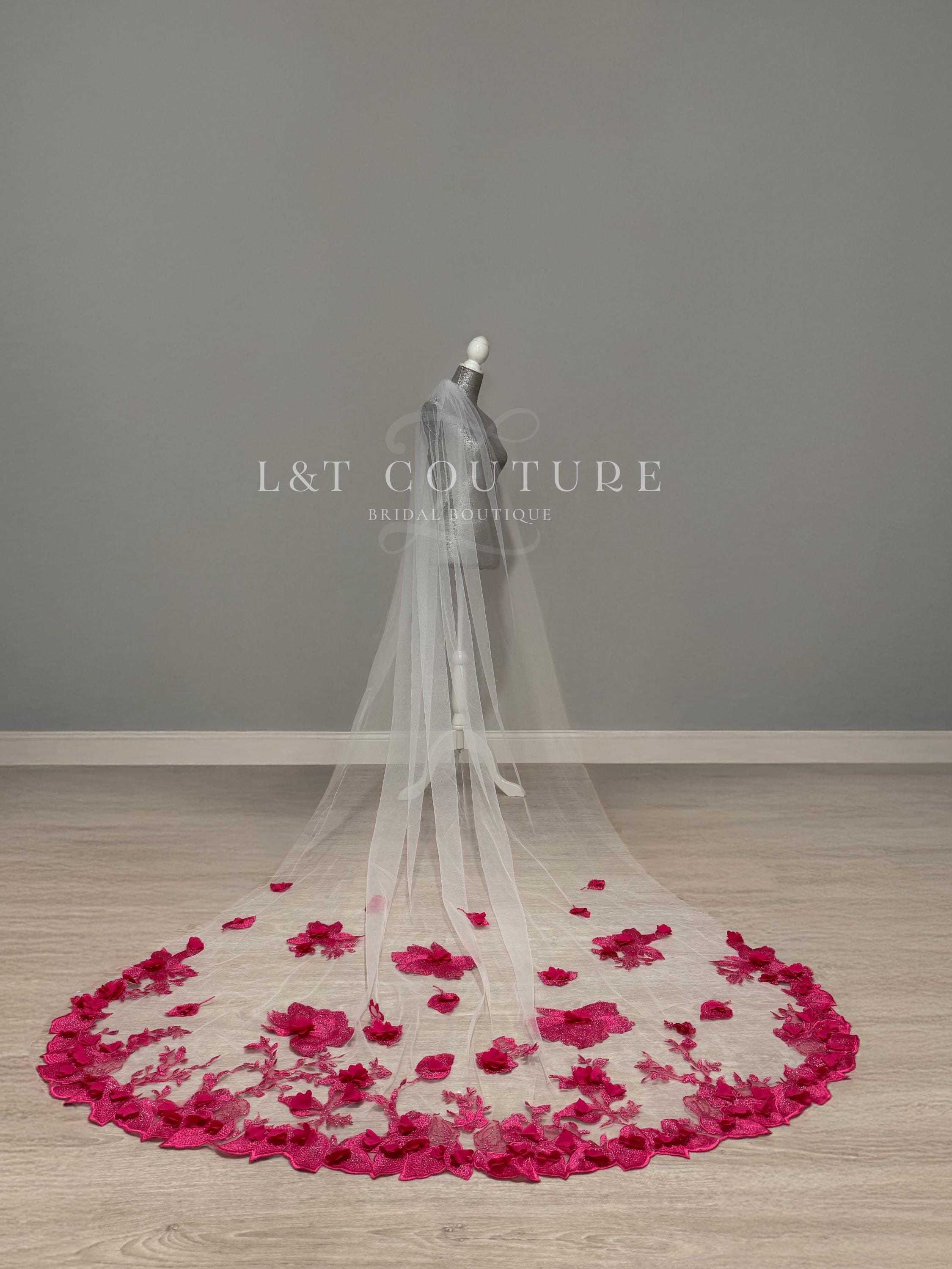 Hot Pink Floral Cathedral Veil: Embroidered Lace, 3D Appliqués - Etsy