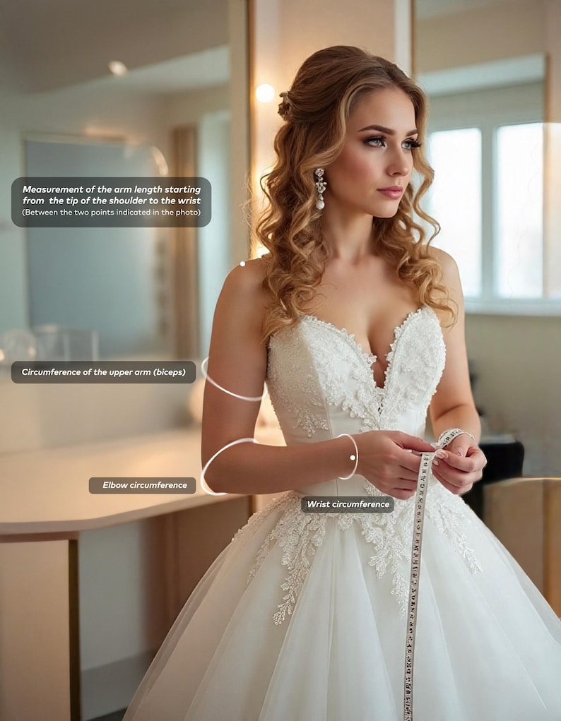 May include: A bride in a white wedding dress with a sweetheart neckline, holding a measuring tape. The image shows how to measure arm length, upper arm circumference, elbow circumference, and wrist circumference for dress alterations.