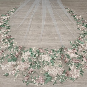 Floral Cathedral Veil Cathedral Veil Embroidered Veil Rose Lace Veil Cathedral Veil Chapel Veil Fingertip Veil Soft Veil